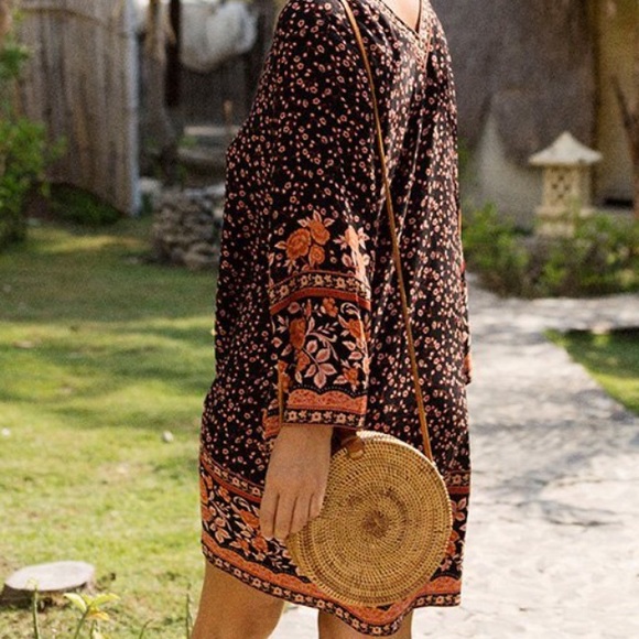 Floral Bell Sleeve Mini DRESS Dahlia Brown Kaftan - Picture 4 of 6